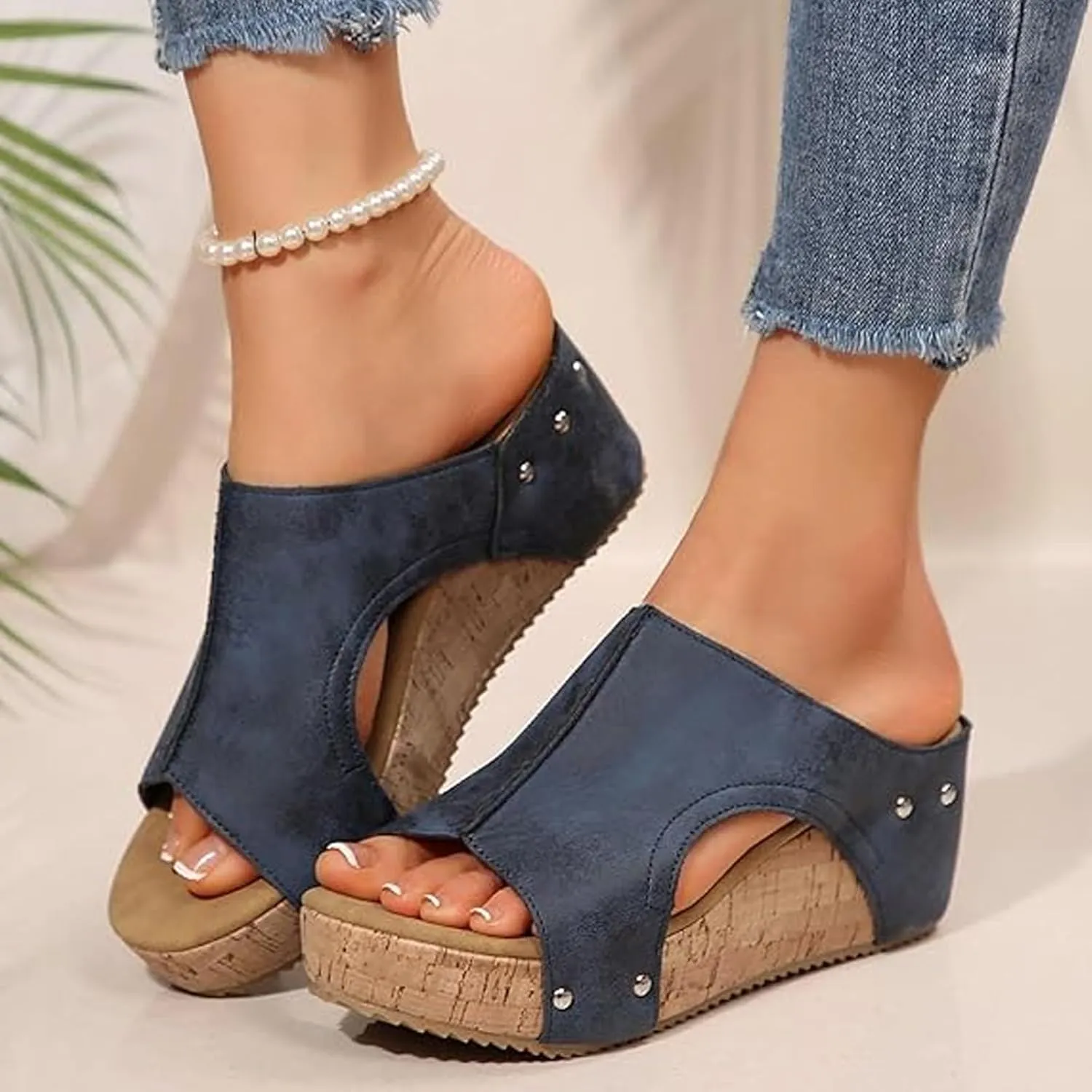 Stud Wedges, Maison Birch Cork Wedges, Cork Wedge Sandals for Women, Non-slip Summer Comfy Platform Orthopedic