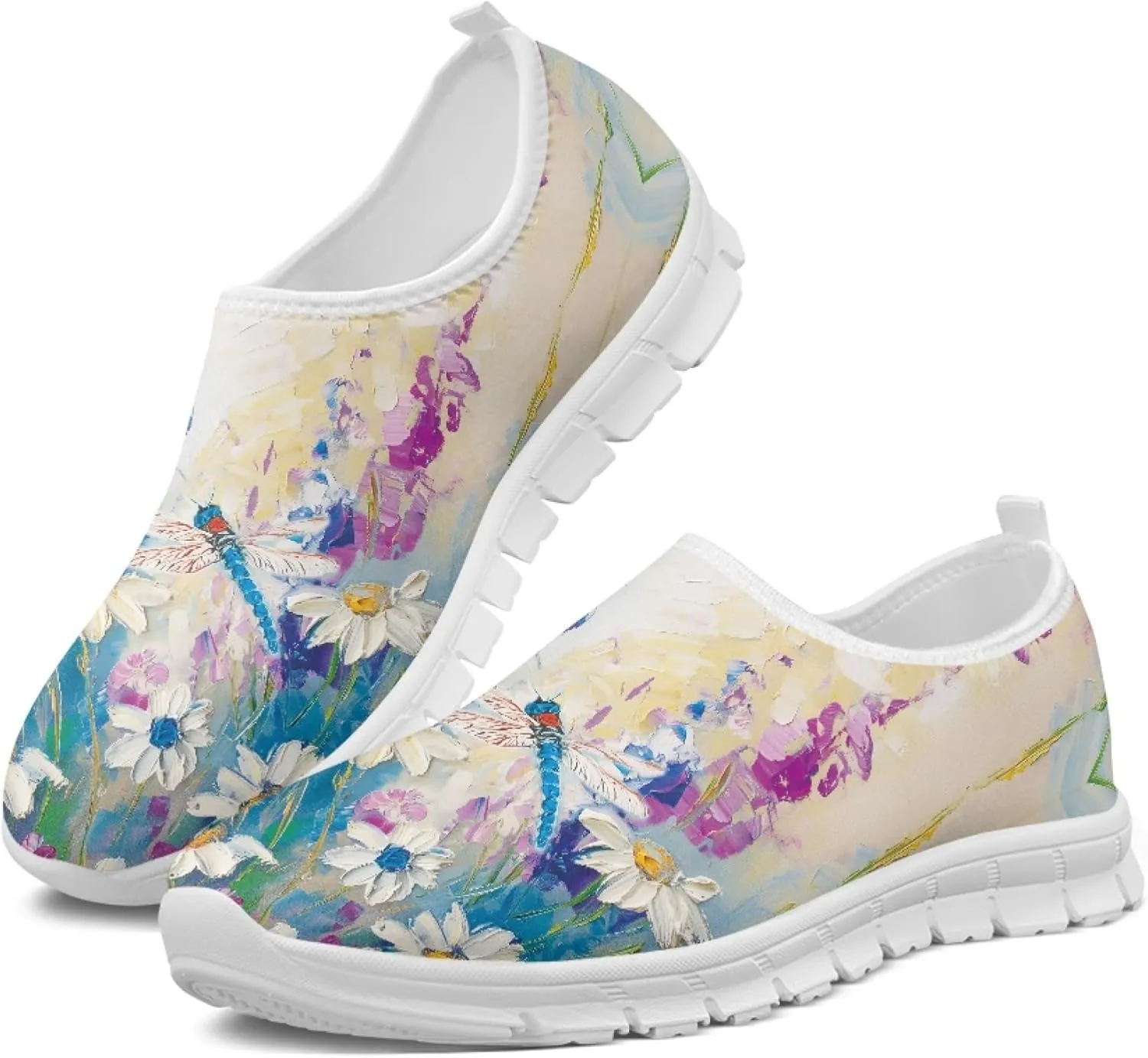 Stylish Print Women's Slip on Walking Shoes Low-Top Mesh Flat Sneaker Shoes Size 5-10.5