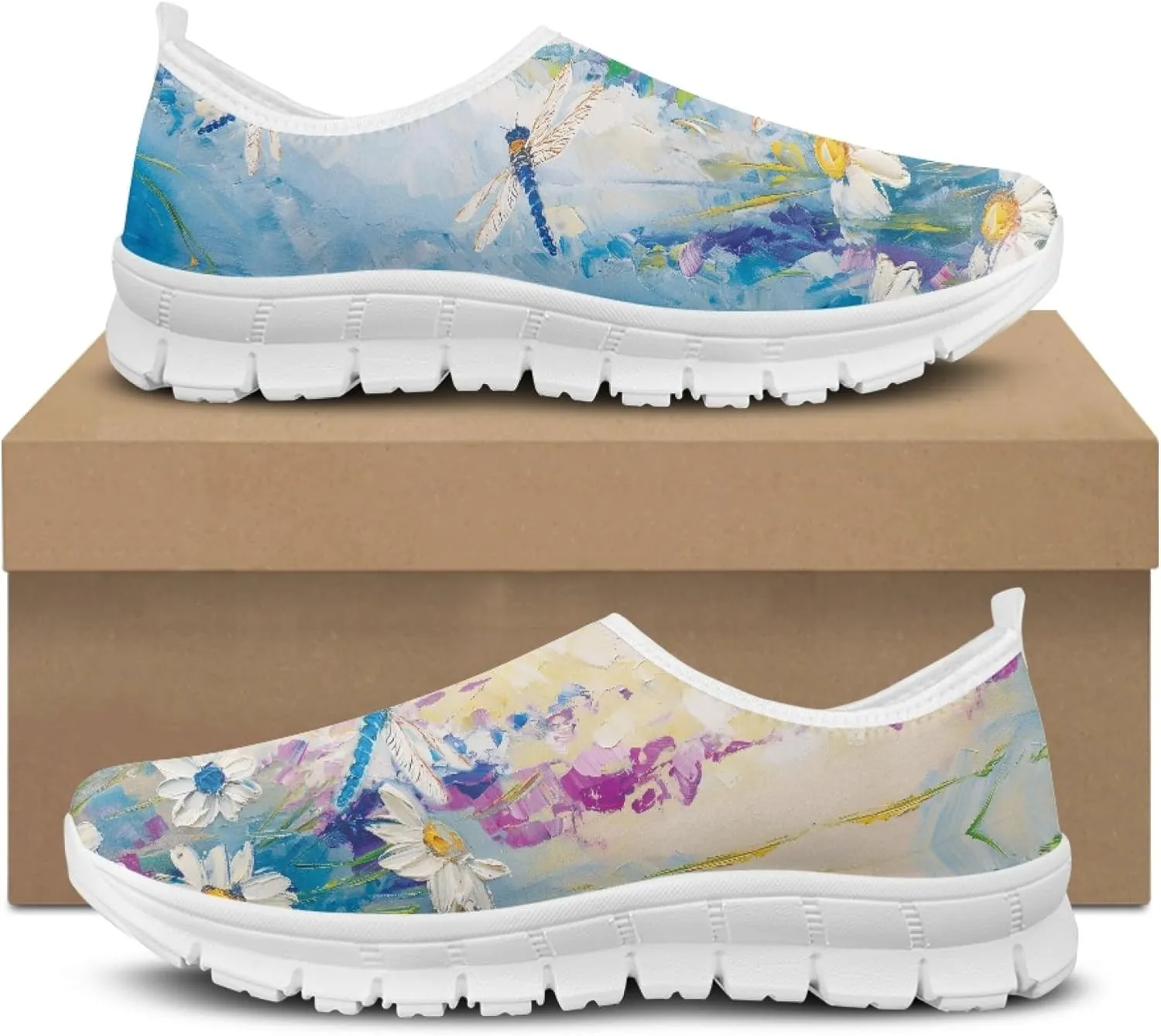 Stylish Print Women's Slip on Walking Shoes Low-Top Mesh Flat Sneaker Shoes Size 5-10.5