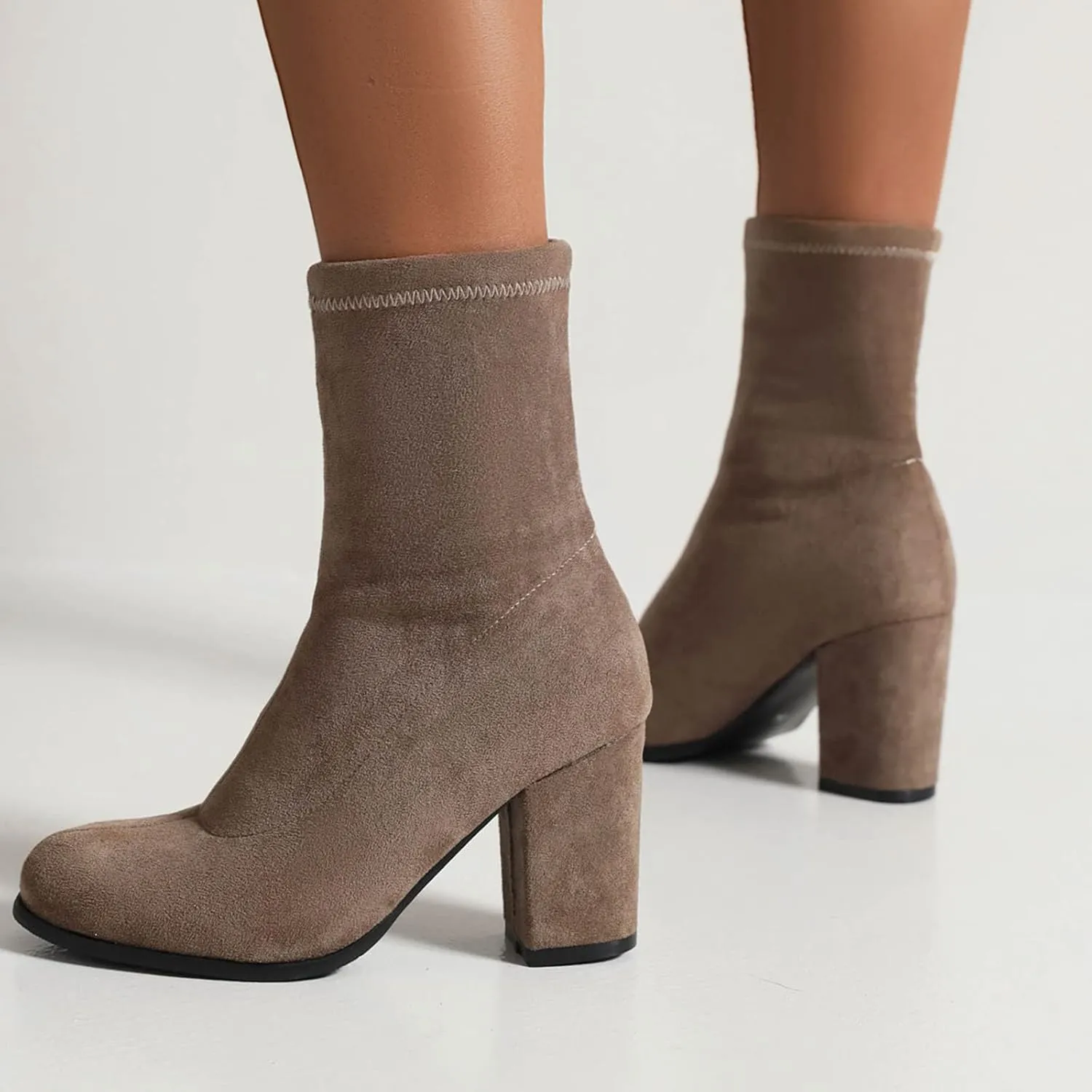 Suede Stretch Boots Women Classic Block Heels Slip On