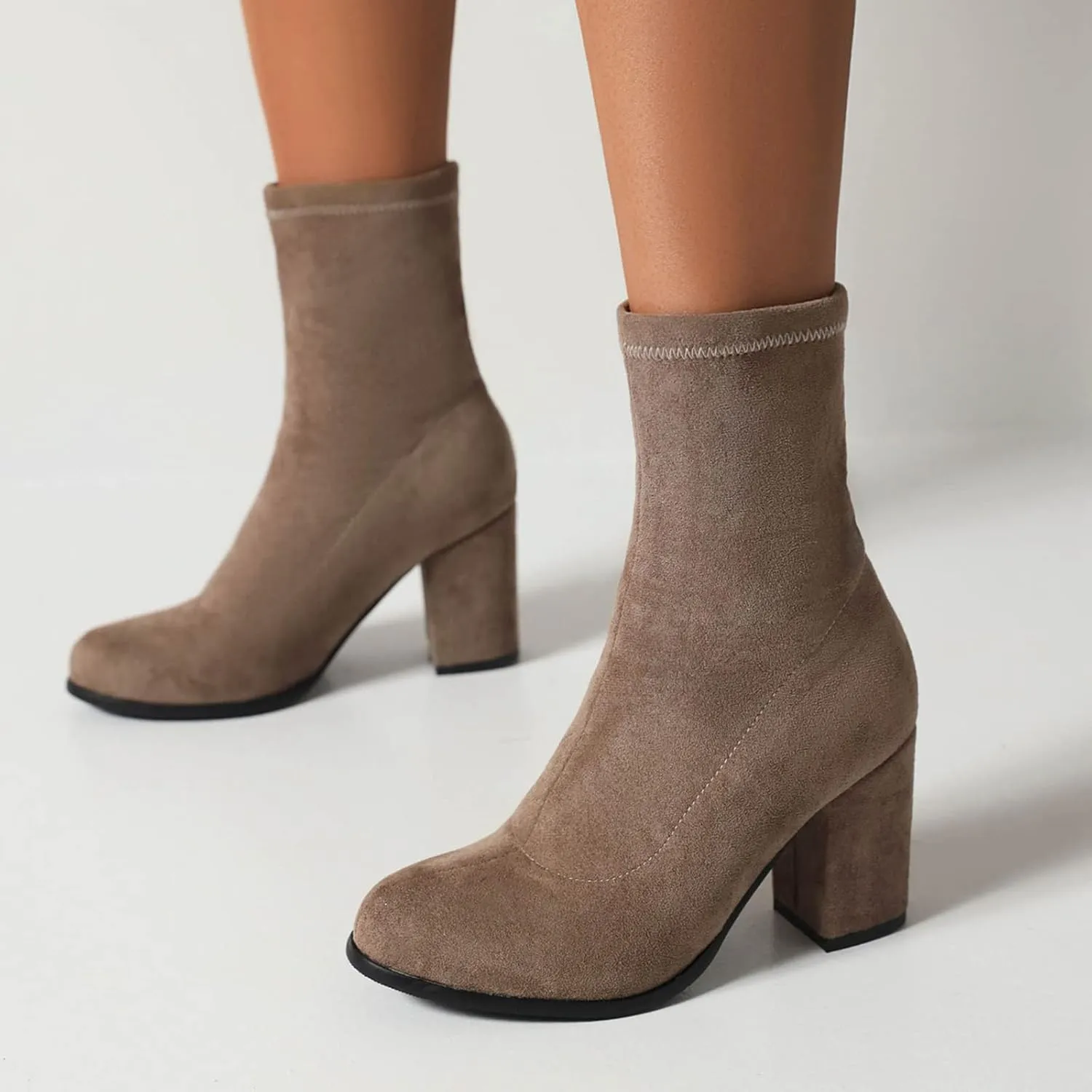 Suede Stretch Boots Women Classic Block Heels Slip On
