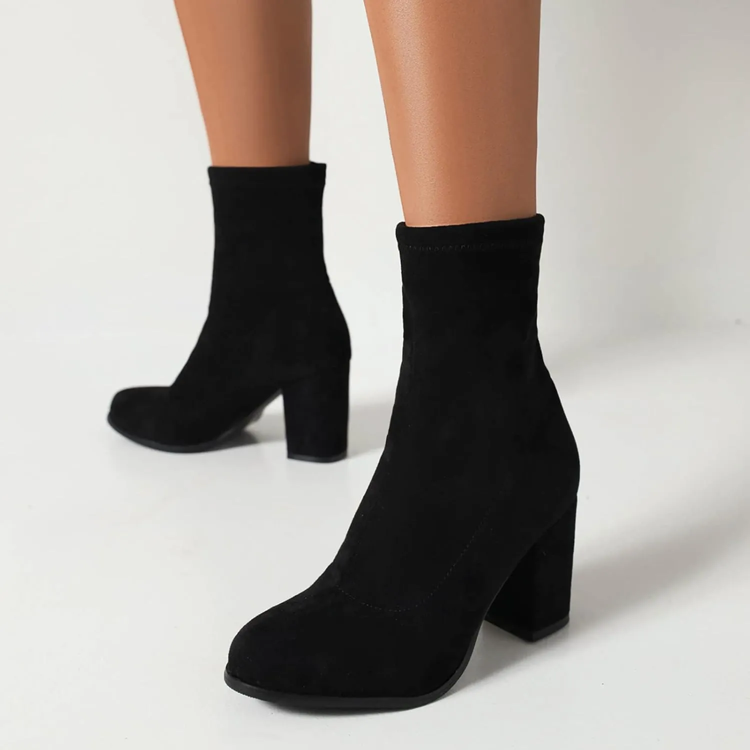 Suede Stretch Boots Women Classic Block Heels Slip On
