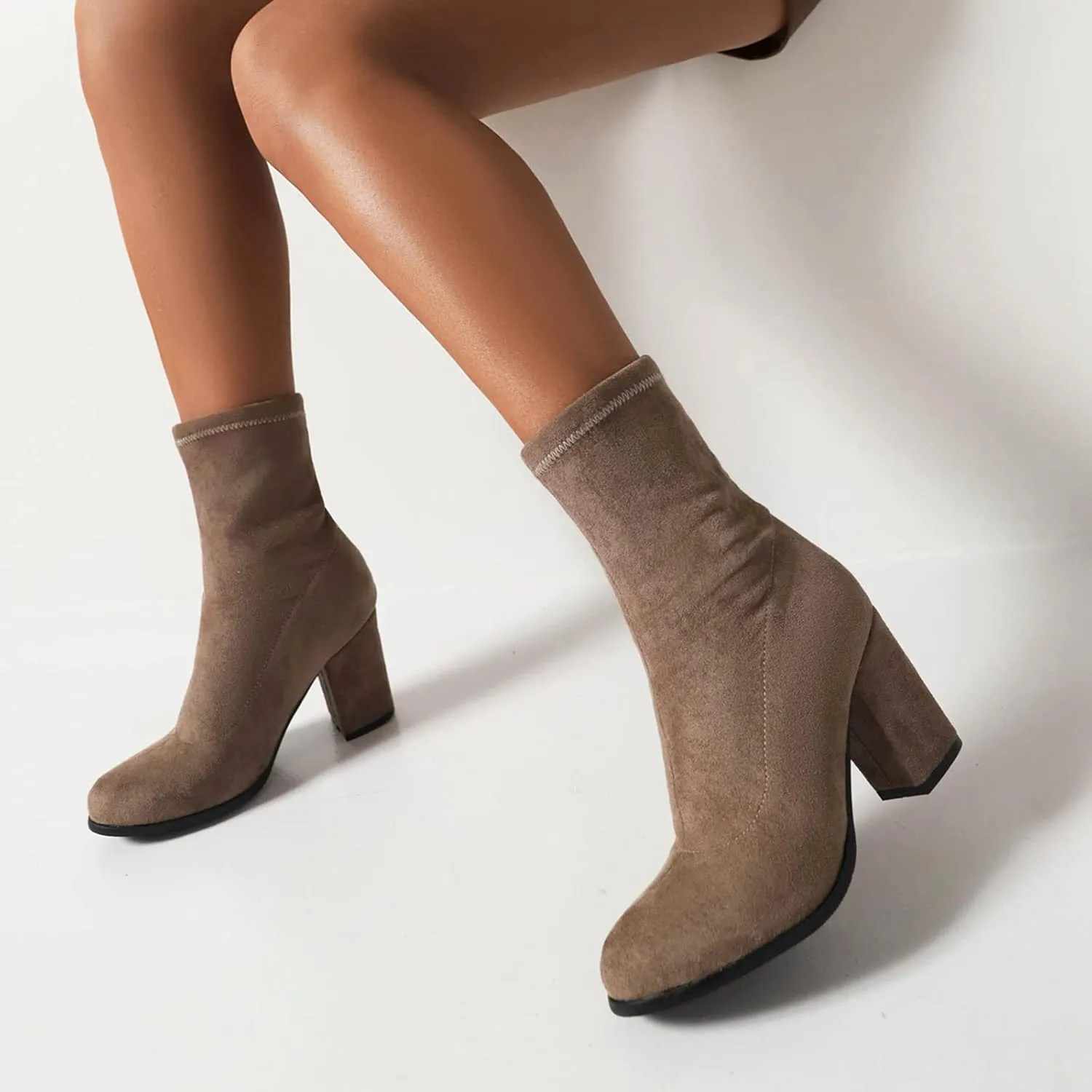 Suede Stretch Boots Women Classic Block Heels Slip On