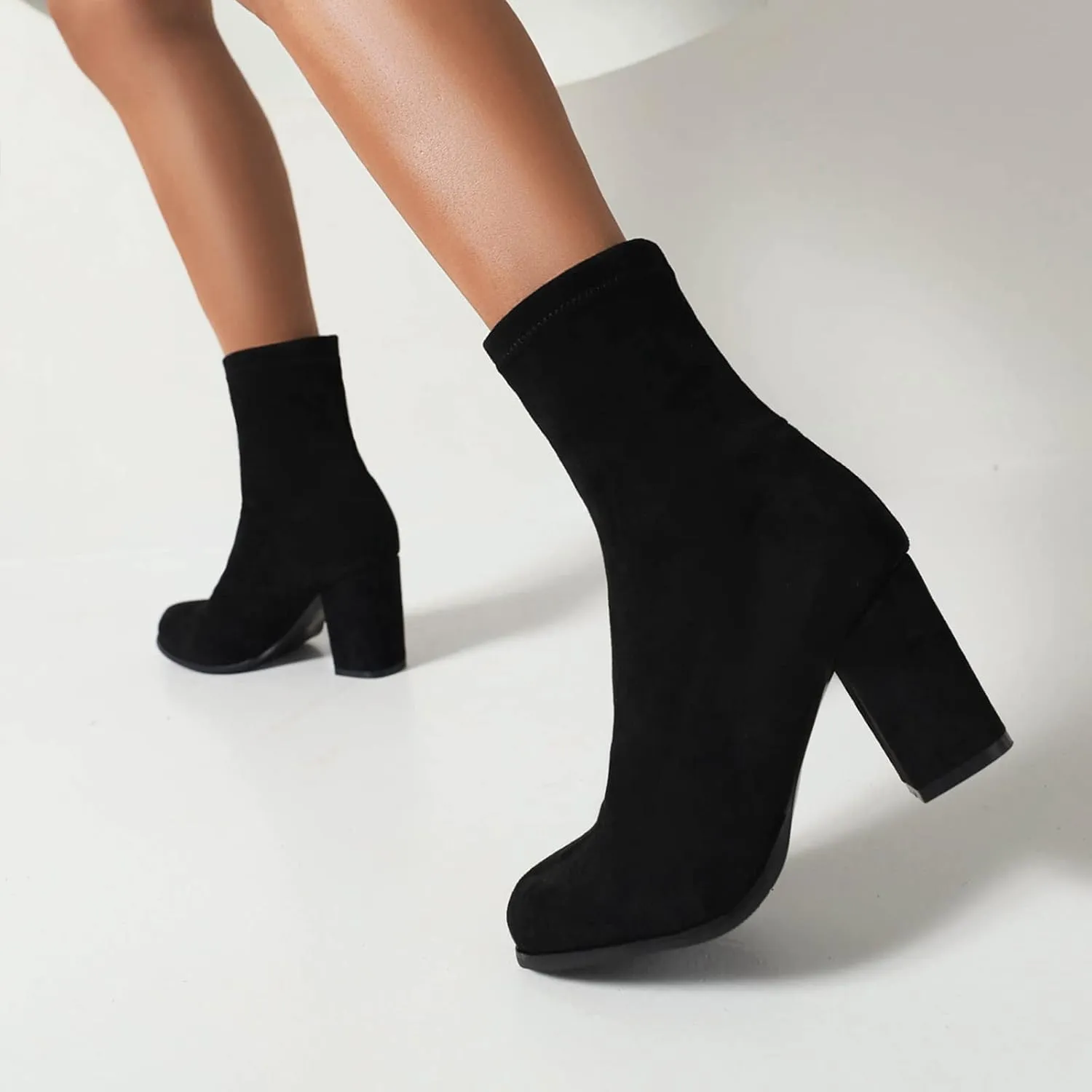Suede Stretch Boots Women Classic Block Heels Slip On