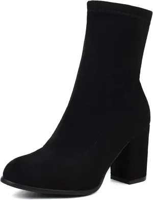 Suede Stretch Boots Women Classic Block Heels Slip On