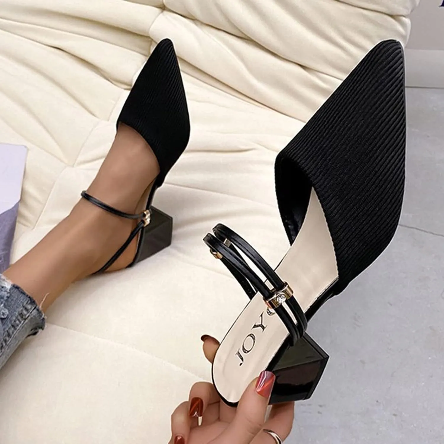 Summer Slide Sandals For Women 2025 Women's Chunky Block Low Heels Pointed Toe Slip On Adjustable Ankle Straps Closed Toes Backless Comfy Sandal Walking Slides for Daily Wear Outdoor Indoor
