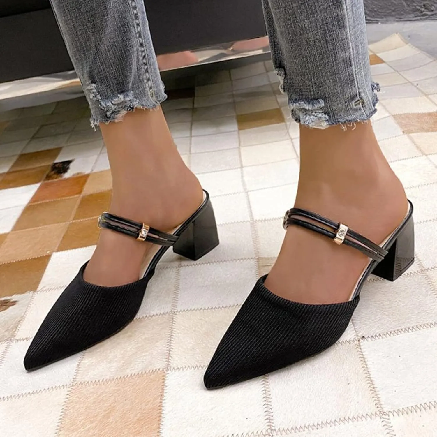 Summer Slide Sandals For Women 2025 Women's Chunky Block Low Heels Pointed Toe Slip On Adjustable Ankle Straps Closed Toes Backless Comfy Sandal Walking Slides for Daily Wear Outdoor Indoor