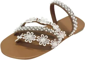 Summer Strappy Slides Flat Sandals for Women Boho Beach Pearl Lace Slippers Casual Slip On Sandal for Resrot Wear