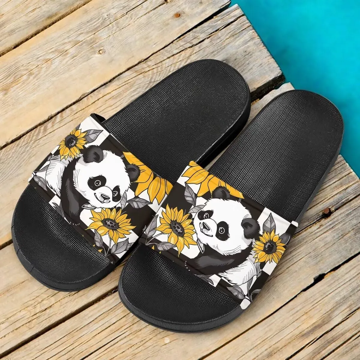 Sunflower Panda Pattern Sandals for Women Girls Lightweight Comfortable EVA Flat Sandal for Indoor Outdoor