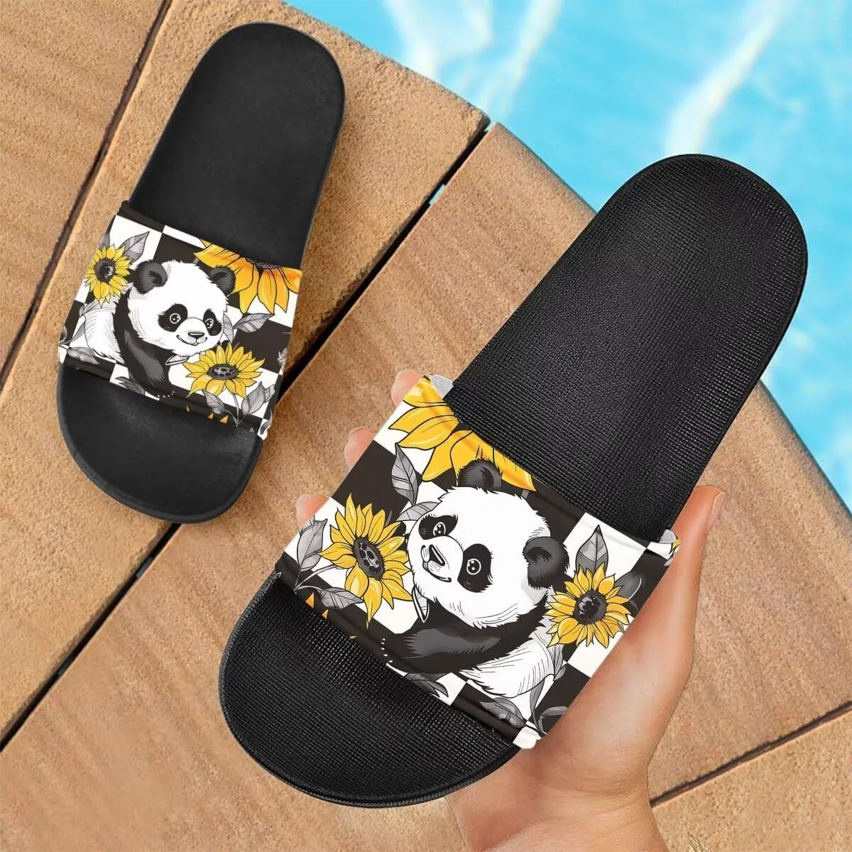 Sunflower Panda Pattern Sandals for Women Girls Lightweight Comfortable EVA Flat Sandal for Indoor Outdoor