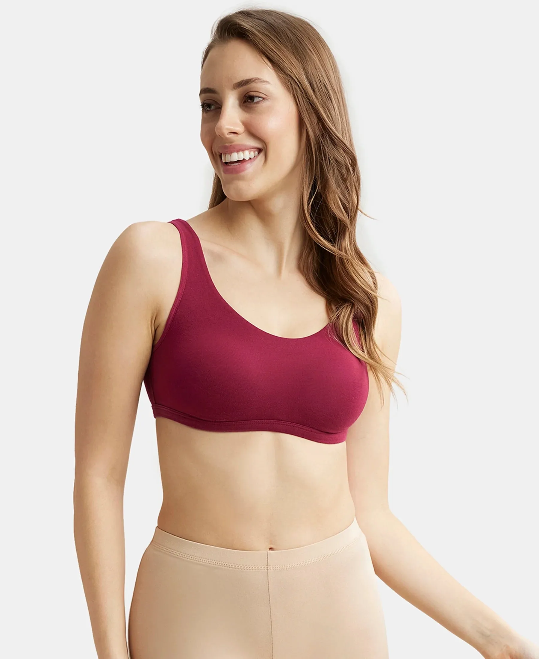 Super Combed Cotton Elastane Stretch Slip On Lounge Bra With StayFresh Treatment - Beet Red