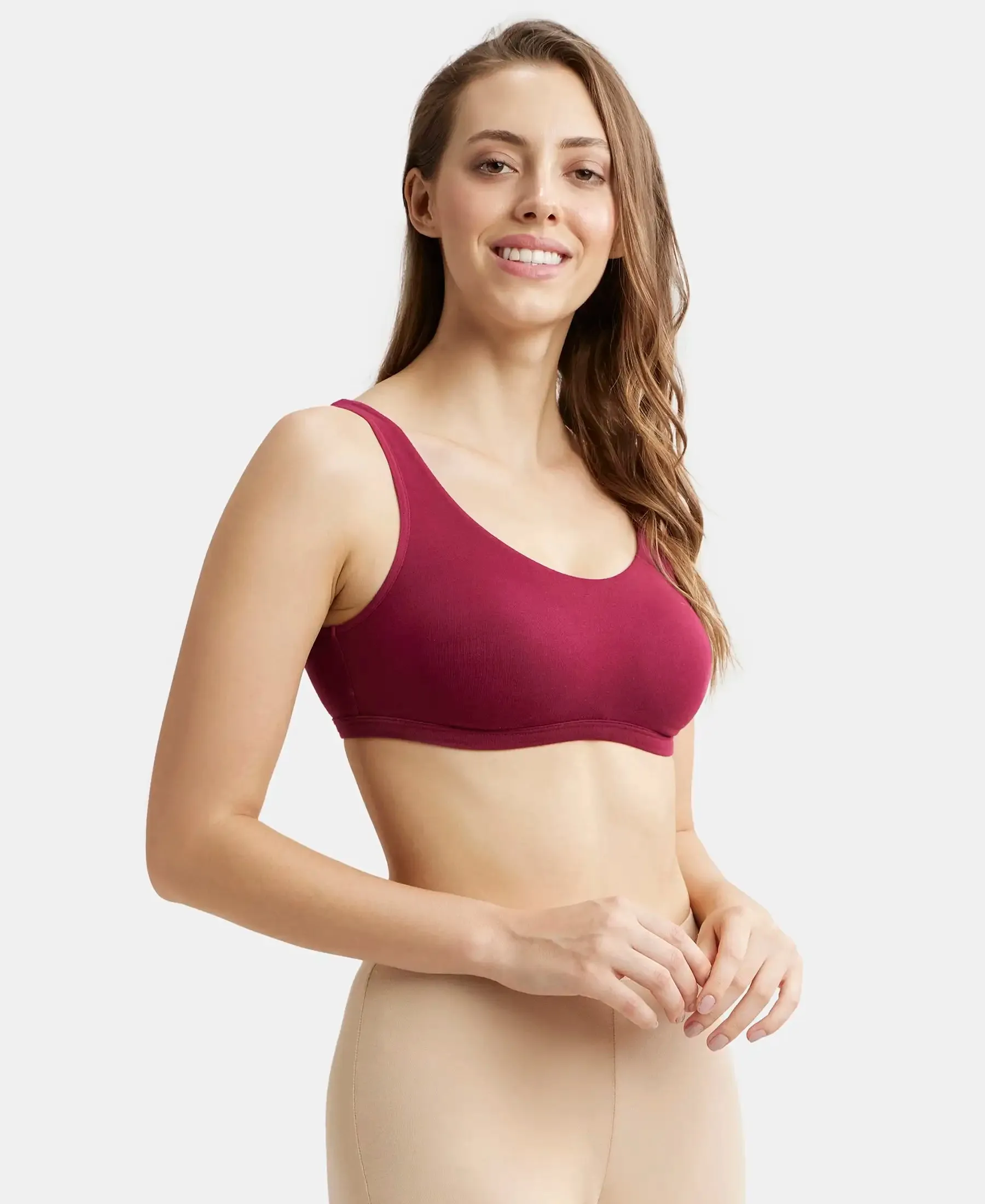 Super Combed Cotton Elastane Stretch Slip On Lounge Bra With StayFresh Treatment - Beet Red