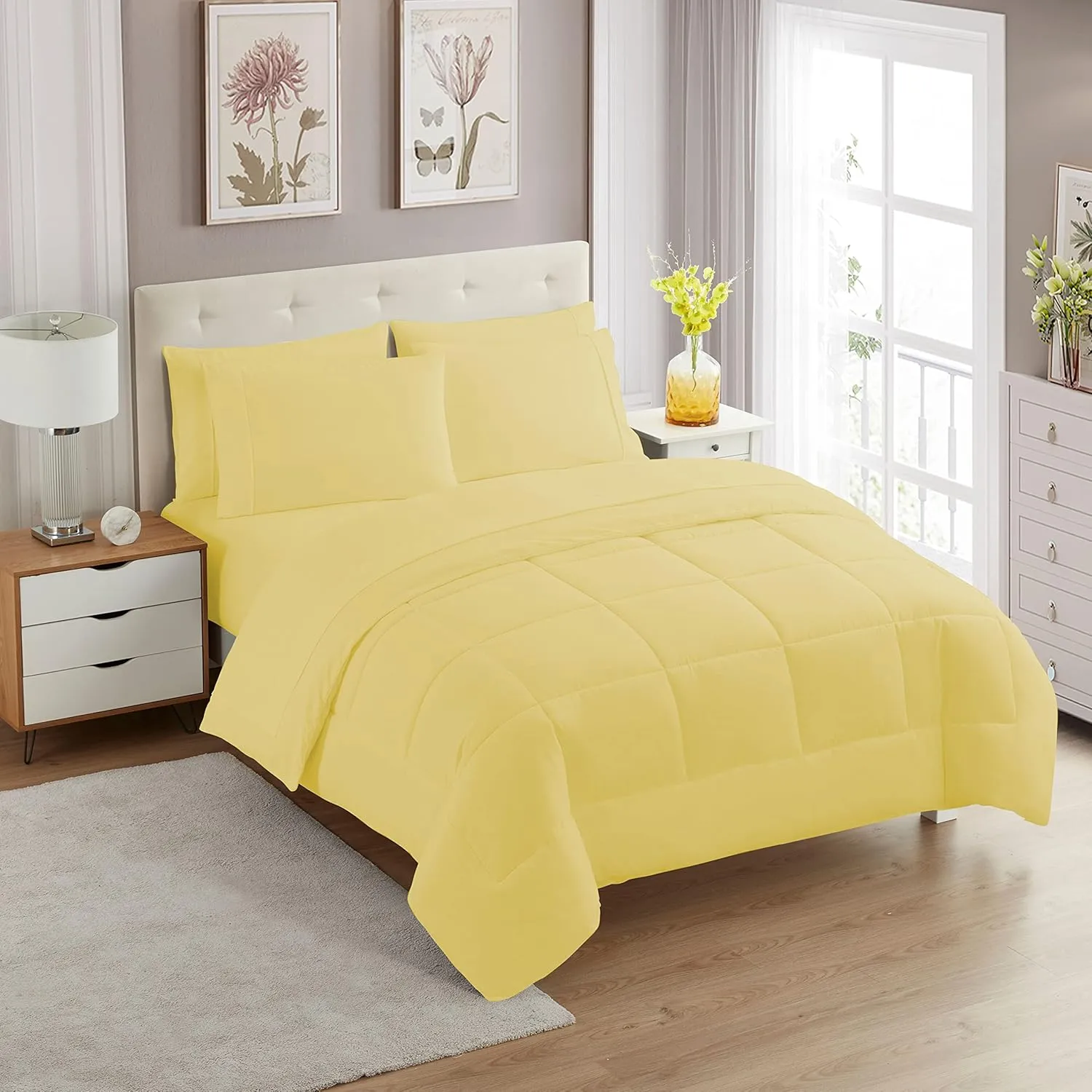 Sweet Home Collection 5 Piece Comforter Set Bag Solid Color All Season Soft Down Alternative Blanket & Luxurious Microfiber Bed Sheets, Yellow, Twin