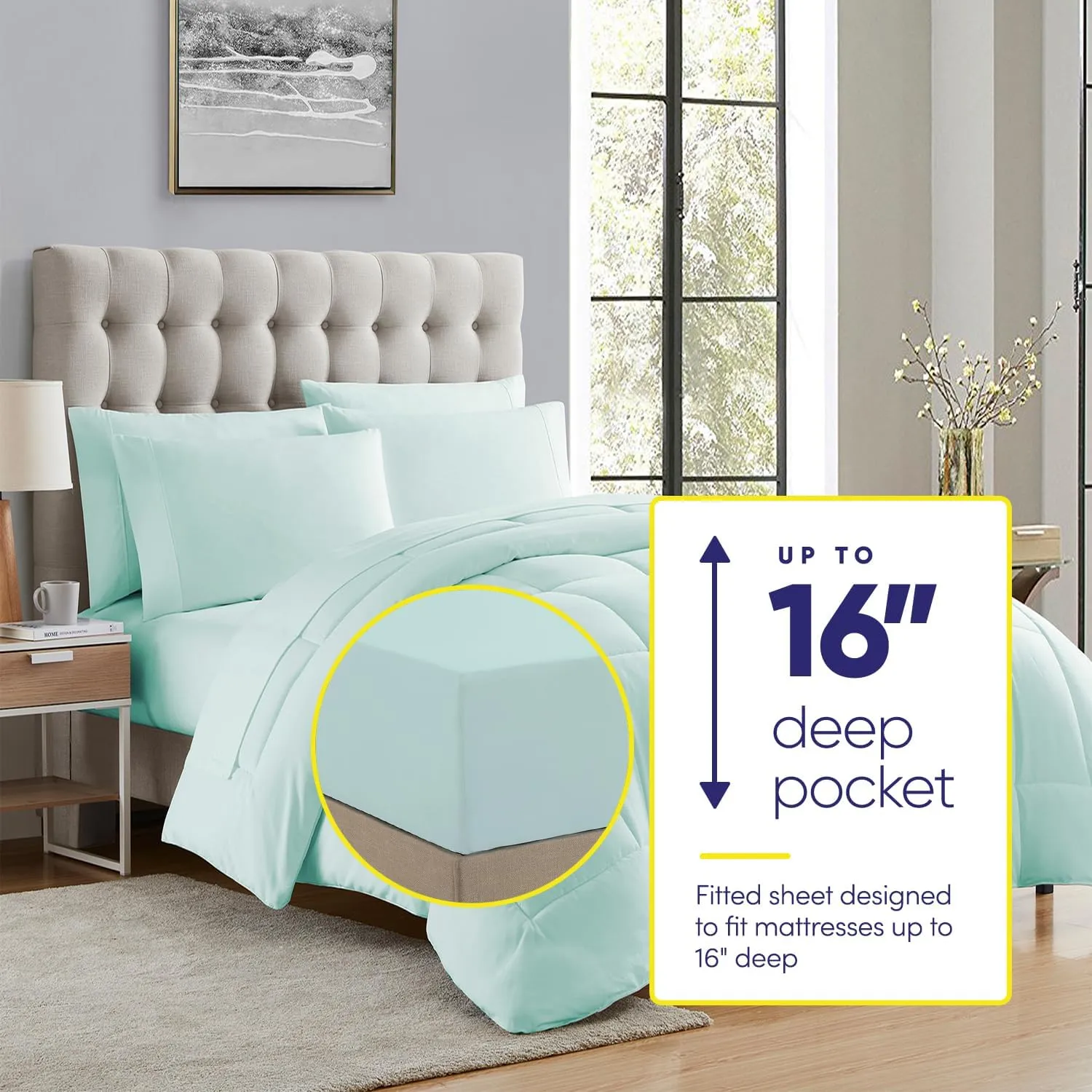 Sweet Home Collection 7 Piece Comforter Set Bag Solid Color All Season Soft Down Alternative Blanket & Luxurious Microfiber Bed Sheets, Aqua, Queen