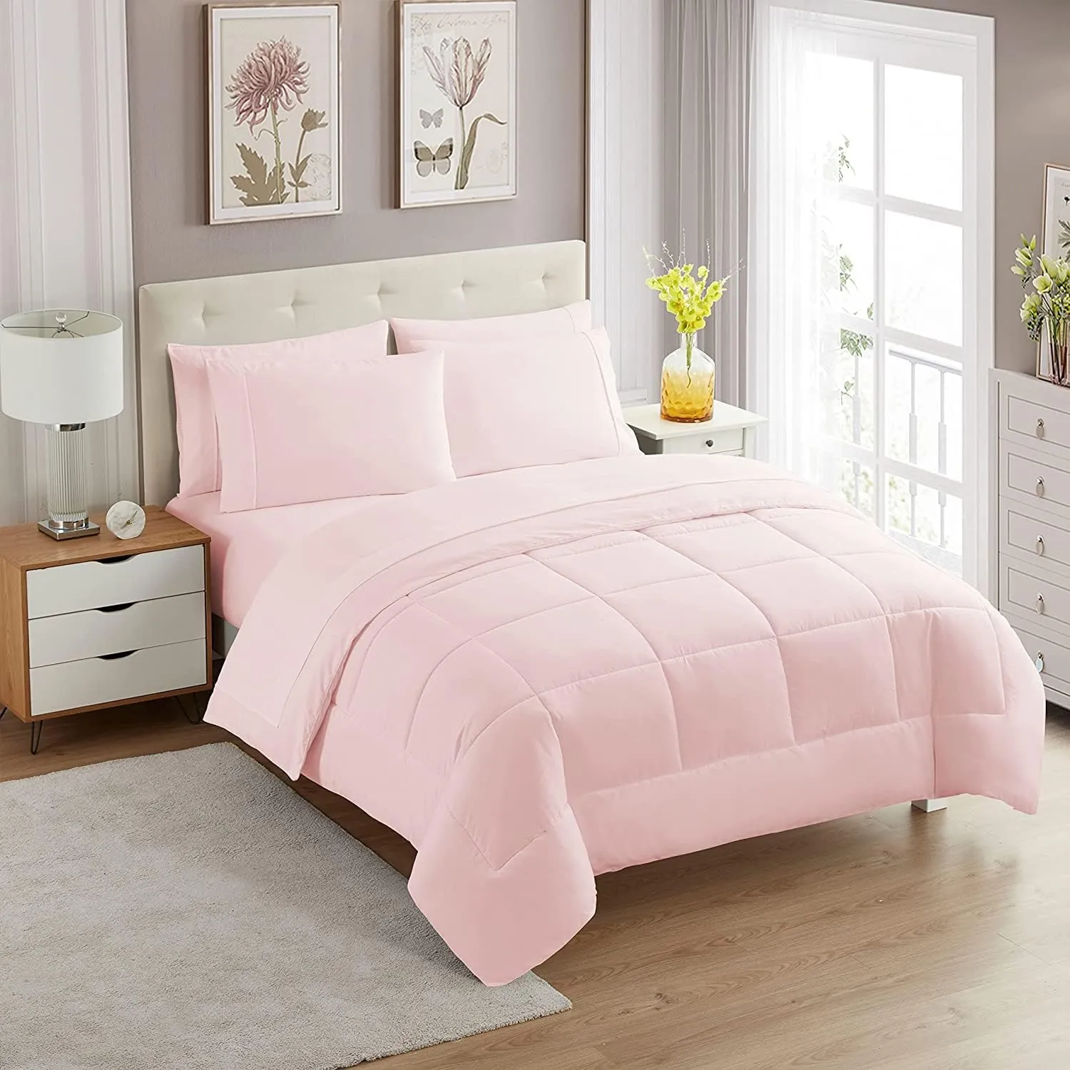 Sweet Home Collection 7 Piece Comforter Set Bag Solid Color All Season Soft Down Alternative Blanket & Luxurious Microfiber Bed Sheets, Pale Pink, Twin XL