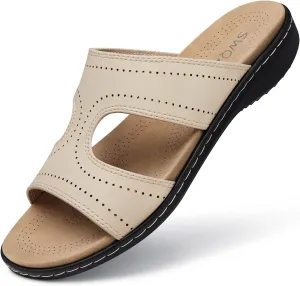 SWQZVT Flat Slides Sandals for Women: Comfortable Arch Support Sandal - Slip On Summer Walking Sandals