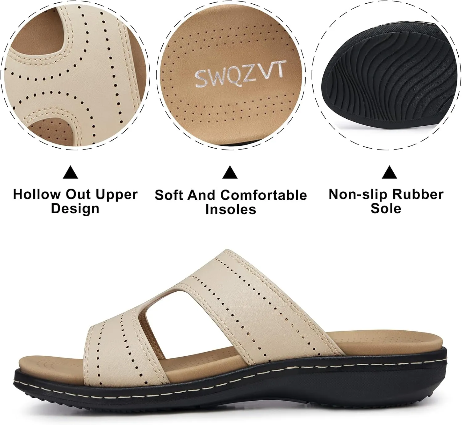 SWQZVT Flat Slides Sandals for Women: Comfortable Arch Support Sandal - Slip On Summer Walking Sandals