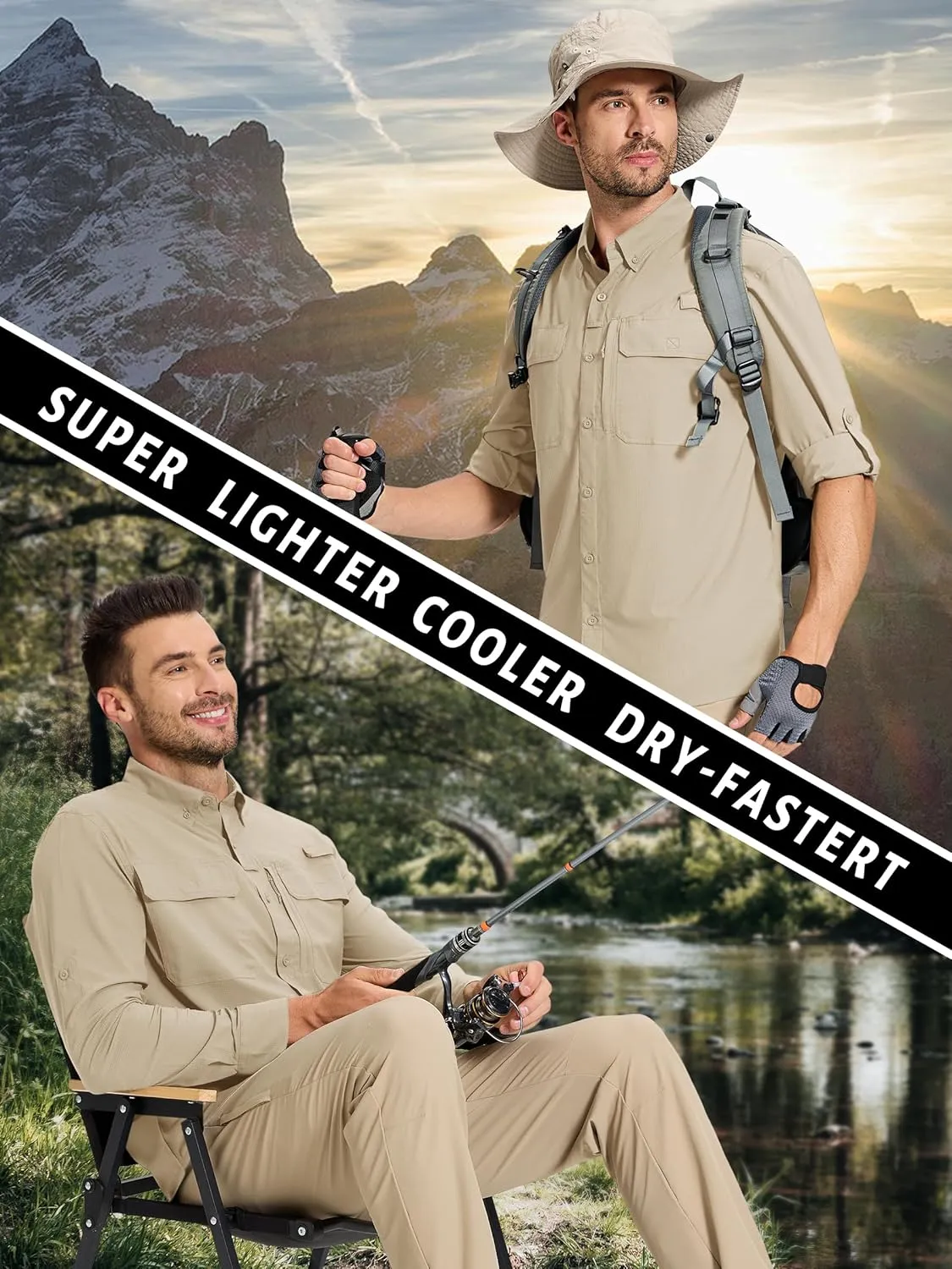TACVASEN Men's Fishing Shirts Long Sleeve Sun Protection UPF50  Quick Dry Button Down Shirts with Zipper Pockets