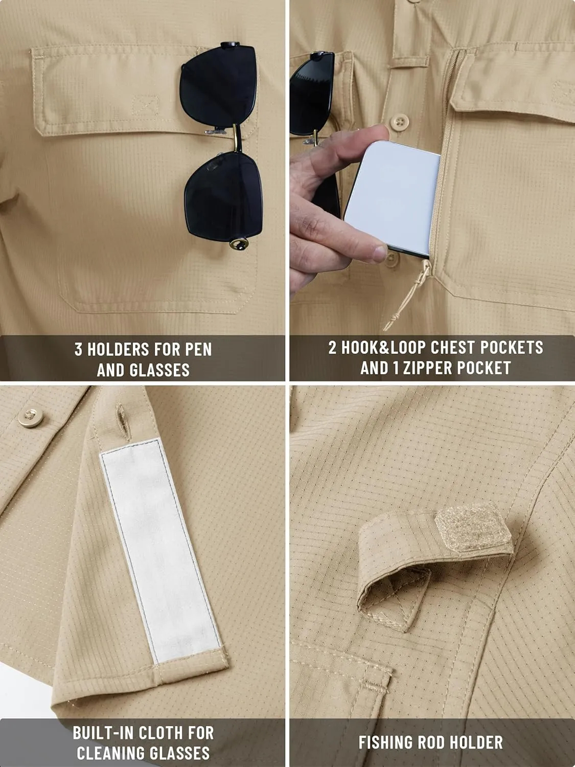 TACVASEN Men's Fishing Shirts Long Sleeve Sun Protection UPF50  Quick Dry Button Down Shirts with Zipper Pockets