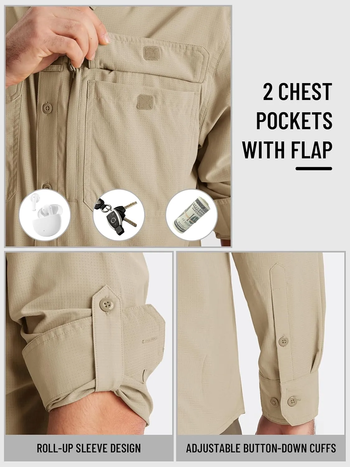 TACVASEN Men's Fishing Shirts Long Sleeve Sun Protection UPF50  Quick Dry Button Down Shirts with Zipper Pockets