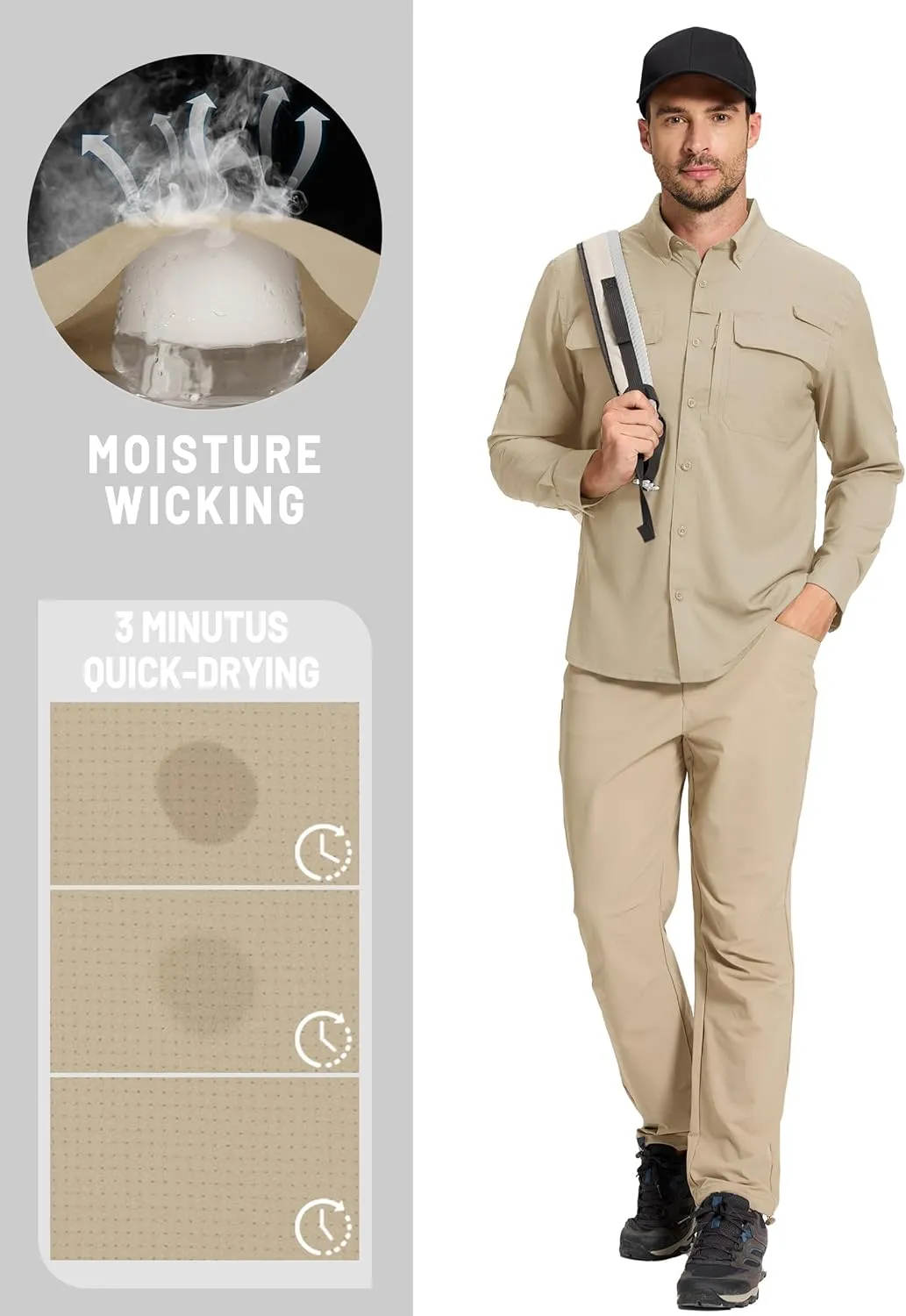 TACVASEN Men's Fishing Shirts Long Sleeve Sun Protection UPF50  Quick Dry Button Down Shirts with Zipper Pockets