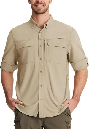 TACVASEN Men's Fishing Shirts Long Sleeve Sun Protection UPF50  Quick Dry Button Down Shirts with Zipper Pockets