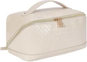 Telena Makeup Bag Large Capacity Travel Cosmetic Bag Portable PU Leather Water Resistant Makeup Organizer Bags for Women with Handle and Divider Open Flat Off-white