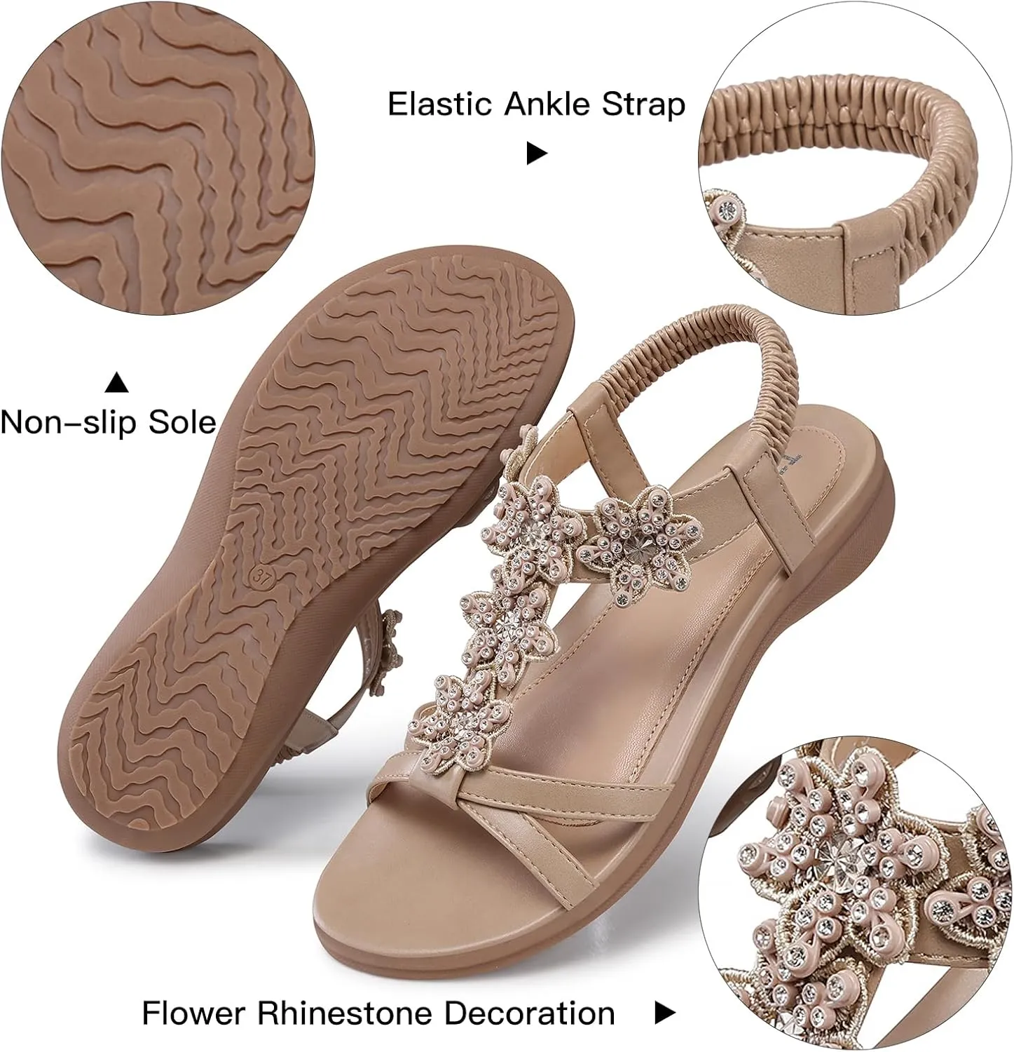 TEMOFON Flats Sandals for Women Dressy: Summer Elastic Ankle Strap Flat Sandals - Comfortable Beach Women
