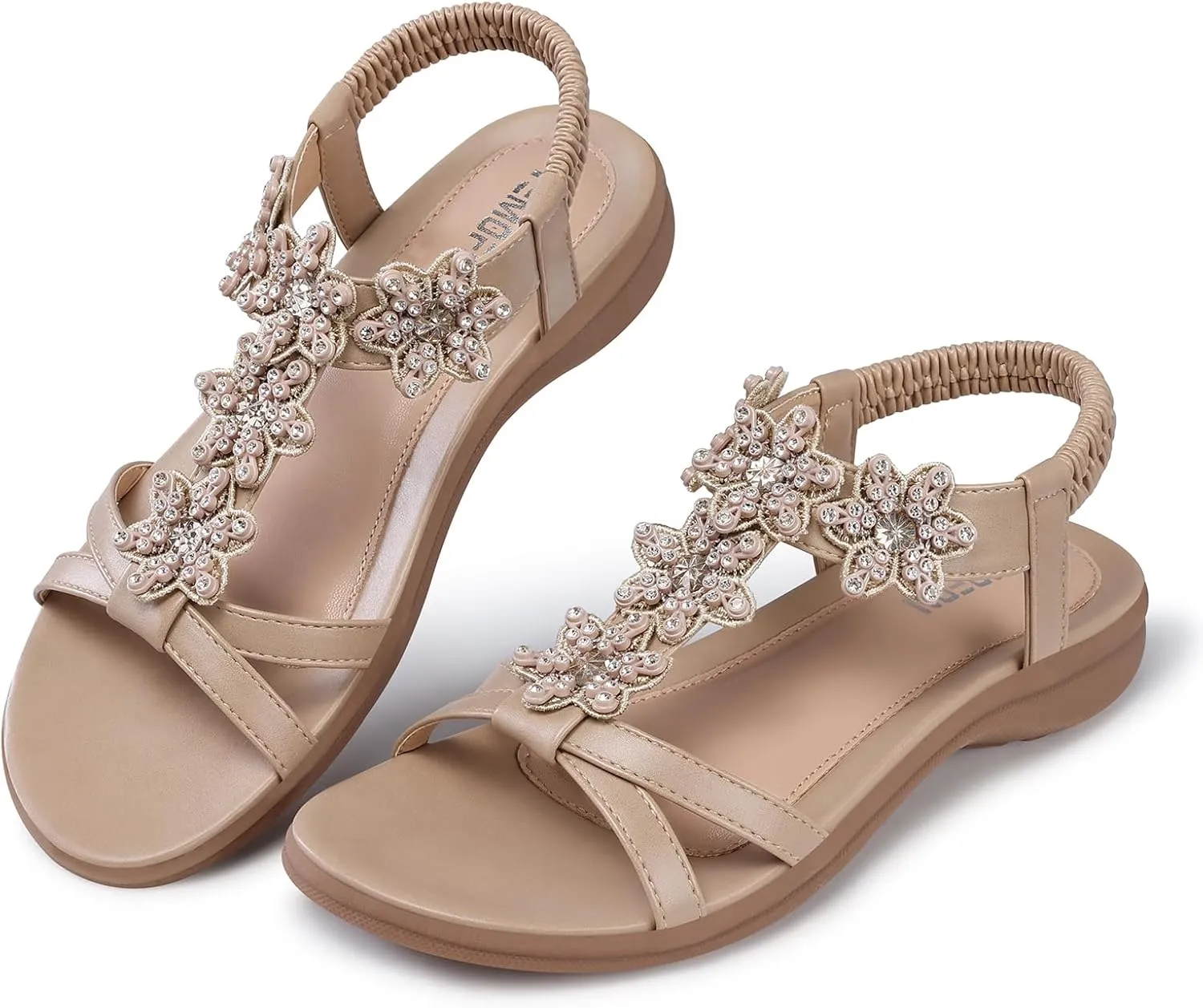 TEMOFON Flats Sandals for Women Dressy: Summer Elastic Ankle Strap Flat Sandals - Comfortable Beach Women