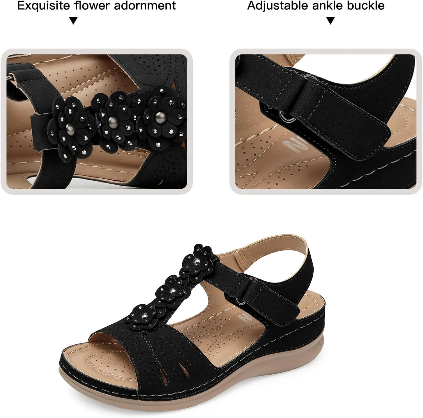 TEMOFON Wedge Sandals for Women Comfortable Walking Sandals Bohemian Open Toe Sandals Causal Summer Arch Support Flat Sandals