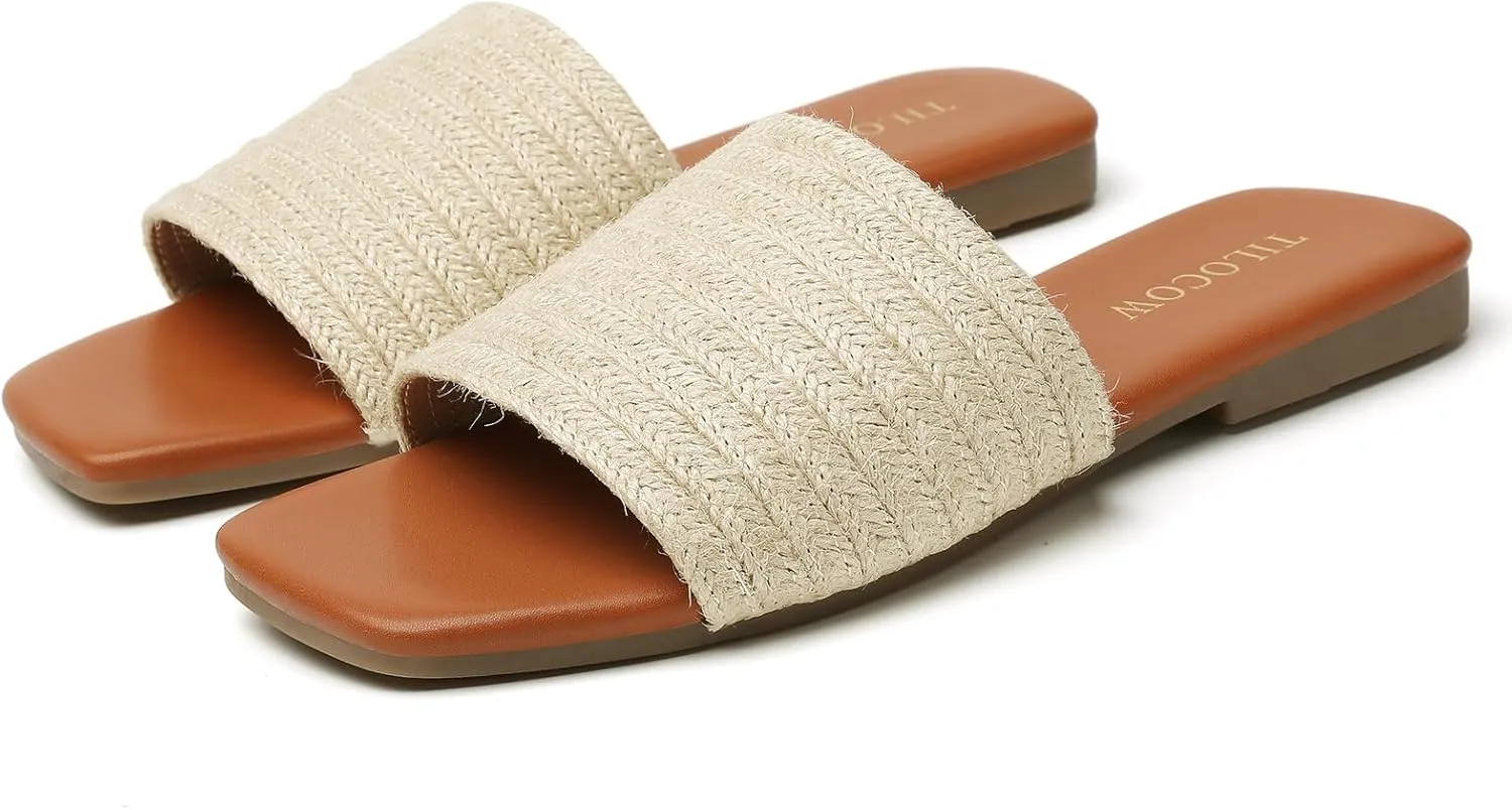 Tilocow Knitted Flat Sandals For women Square Open Toe Slide Sandals Casual Summer Shoes
