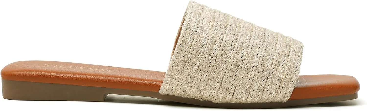 Tilocow Knitted Flat Sandals For women Square Open Toe Slide Sandals Casual Summer Shoes