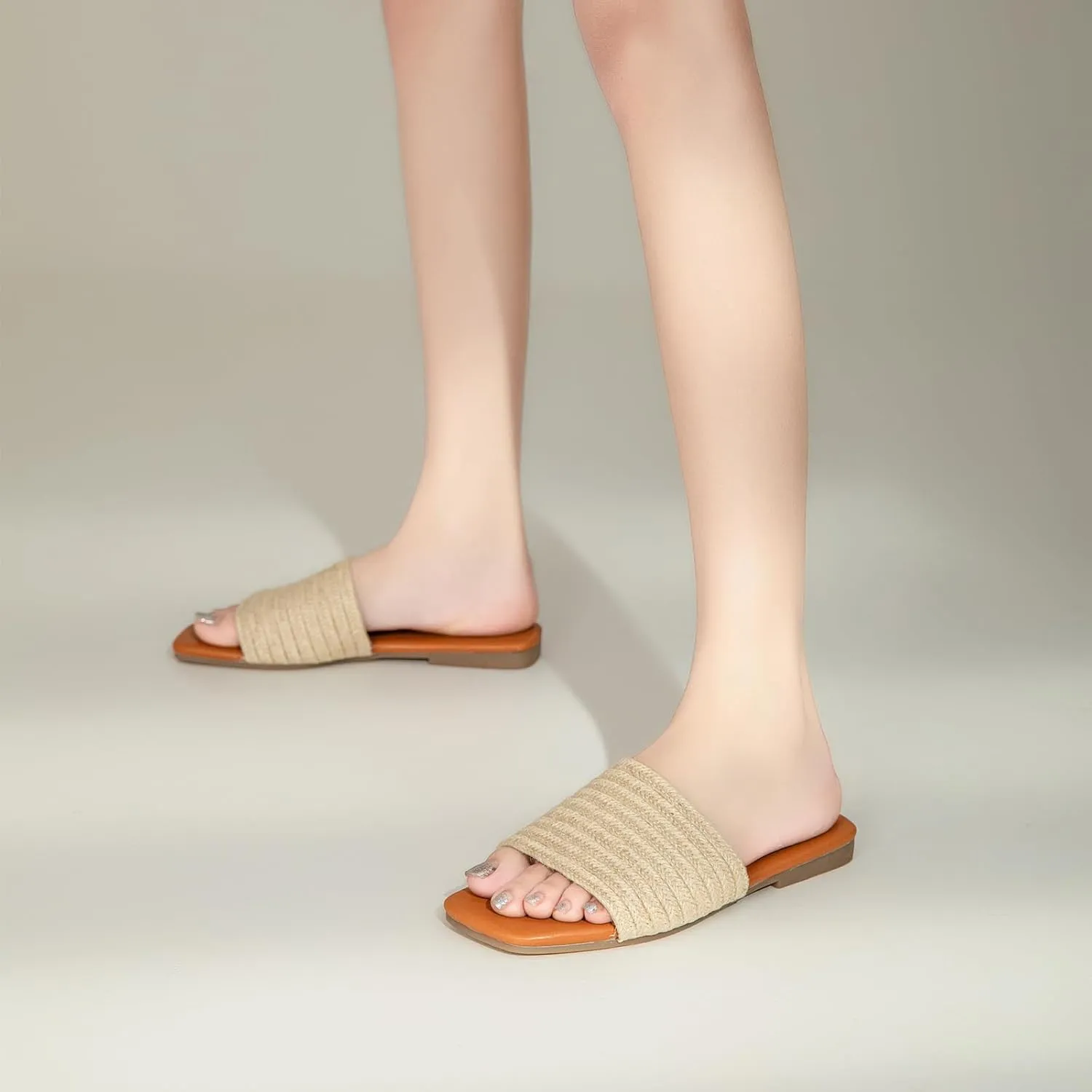 Tilocow Knitted Flat Sandals For women Square Open Toe Slide Sandals Casual Summer Shoes