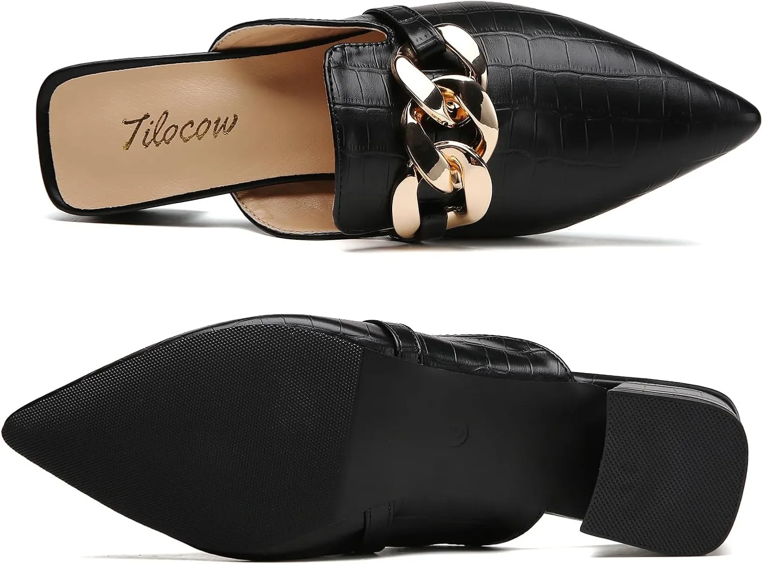 Tilocow Metal Chain Decor Mules Heels for Women Chunky Heeled Sandals Slip on Closed Toe Slides for Women Backless Mules