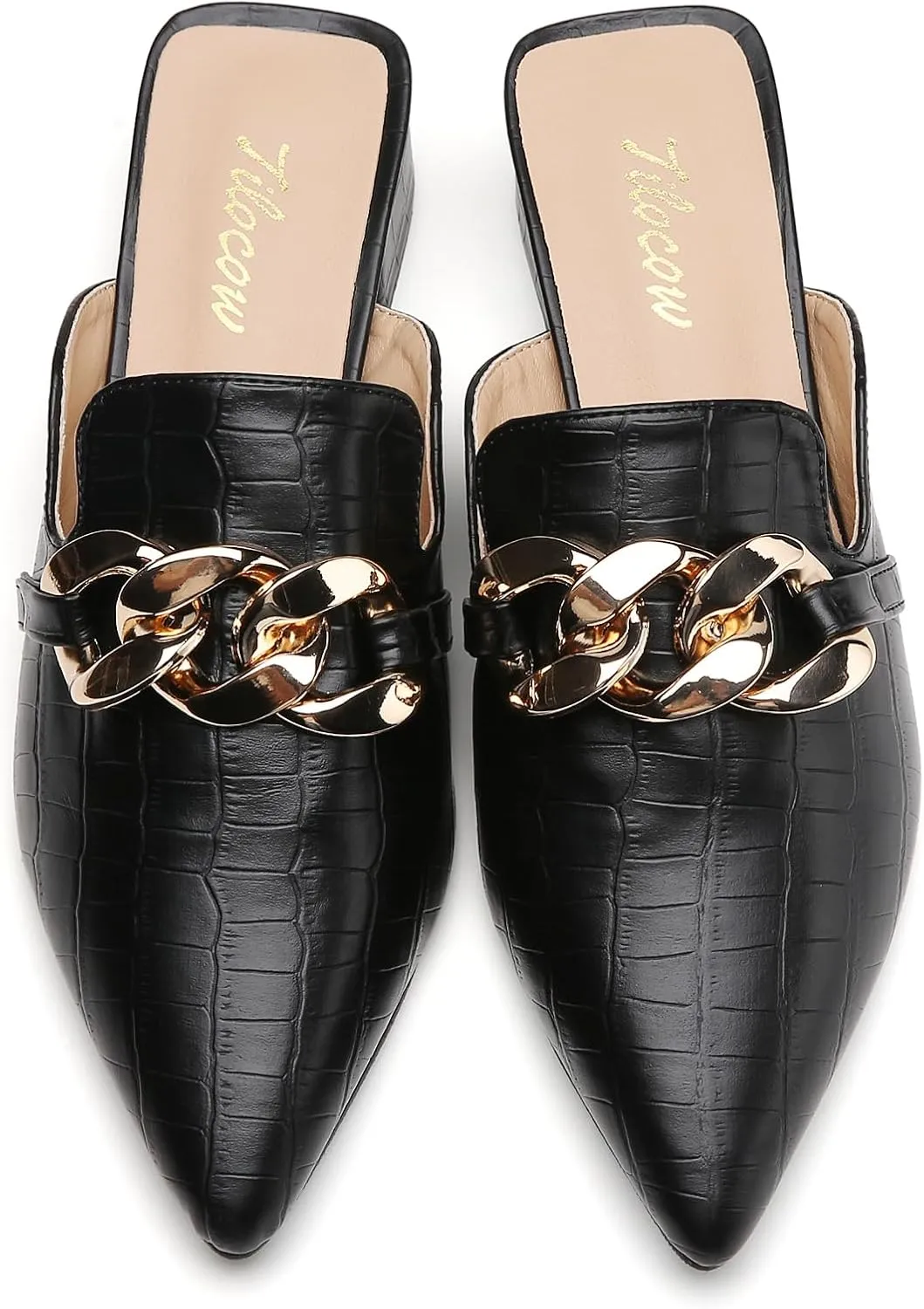 Tilocow Metal Chain Decor Mules Heels for Women Chunky Heeled Sandals Slip on Closed Toe Slides for Women Backless Mules