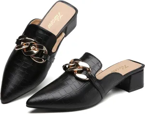 Tilocow Metal Chain Decor Mules Heels for Women Chunky Heeled Sandals Slip on Closed Toe Slides for Women Backless Mules
