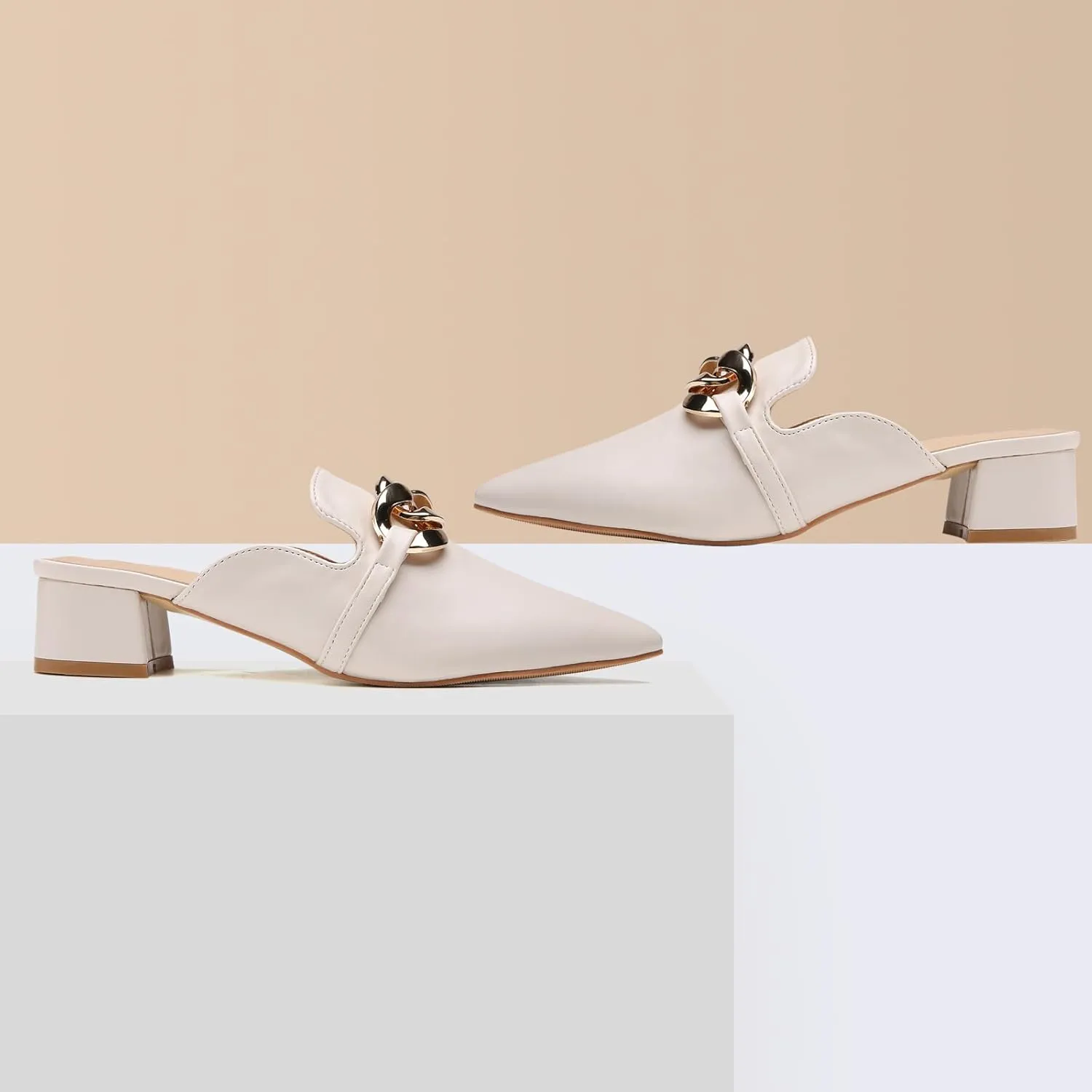 Tilocow Metal Chain Decor Mules Heels for Women Chunky Heeled Sandals Slip on Closed Toe Slides for Women Backless Mules