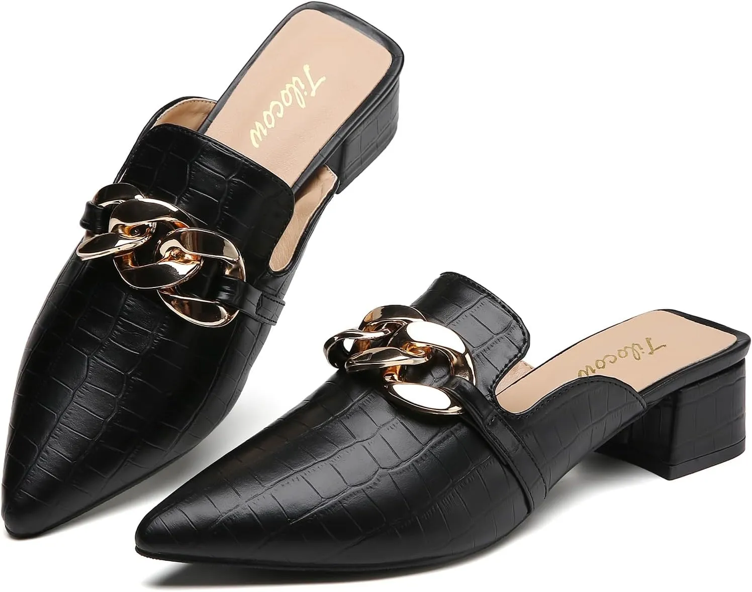 Tilocow Metal Chain Decor Mules Heels for Women Chunky Heeled Sandals Slip on Closed Toe Slides for Women Backless Mules
