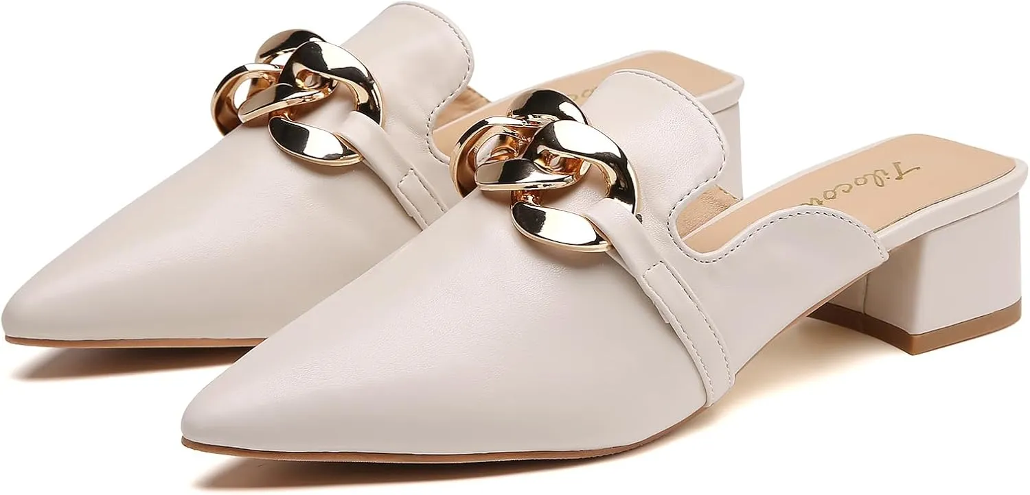 Tilocow Metal Chain Decor Mules Heels for Women Chunky Heeled Sandals Slip on Closed Toe Slides for Women Backless Mules