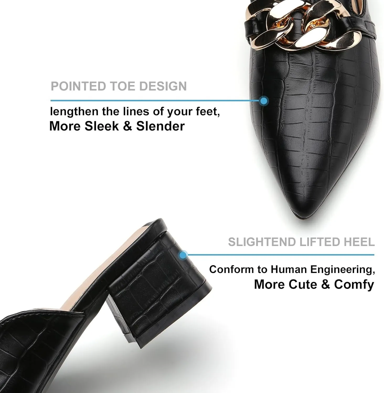 Tilocow Metal Chain Decor Mules Heels for Women Chunky Heeled Sandals Slip on Closed Toe Slides for Women Backless Mules