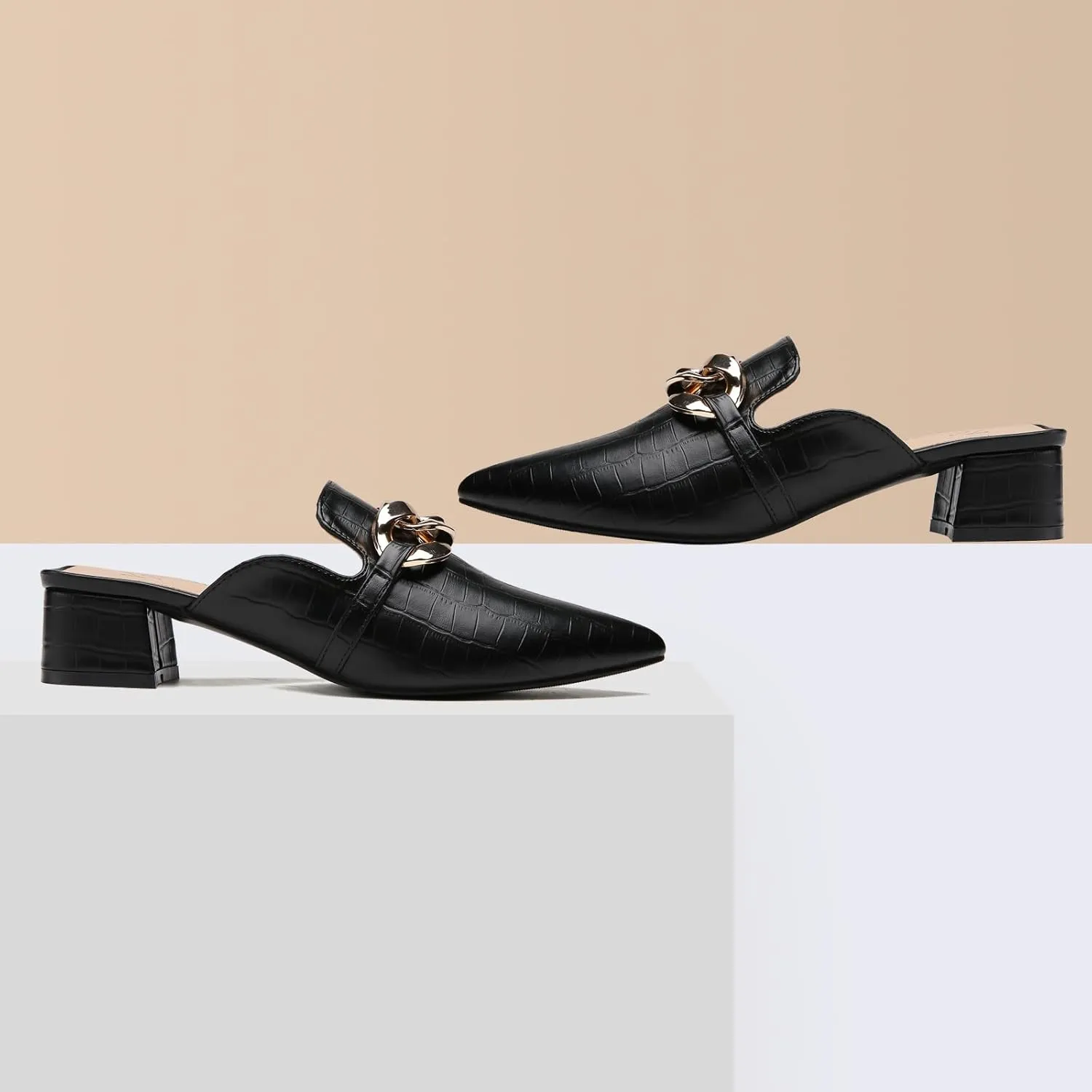 Tilocow Metal Chain Decor Mules Heels for Women Chunky Heeled Sandals Slip on Closed Toe Slides for Women Backless Mules