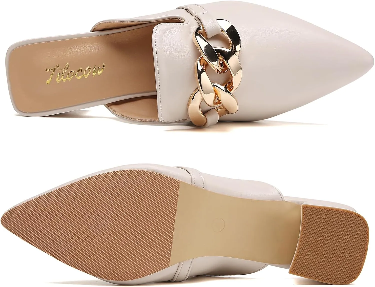 Tilocow Metal Chain Decor Mules Heels for Women Chunky Heeled Sandals Slip on Closed Toe Slides for Women Backless Mules