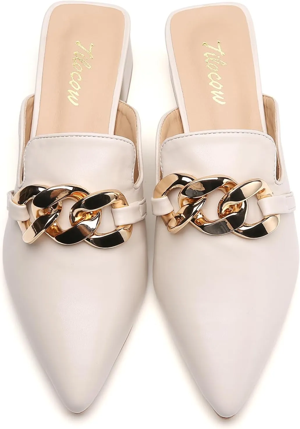 Tilocow Metal Chain Decor Mules Heels for Women Chunky Heeled Sandals Slip on Closed Toe Slides for Women Backless Mules