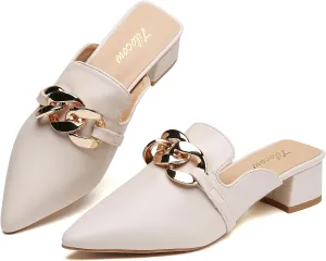 Tilocow Metal Chain Decor Mules Heels for Women Chunky Heeled Sandals Slip on Closed Toe Slides for Women Backless Mules