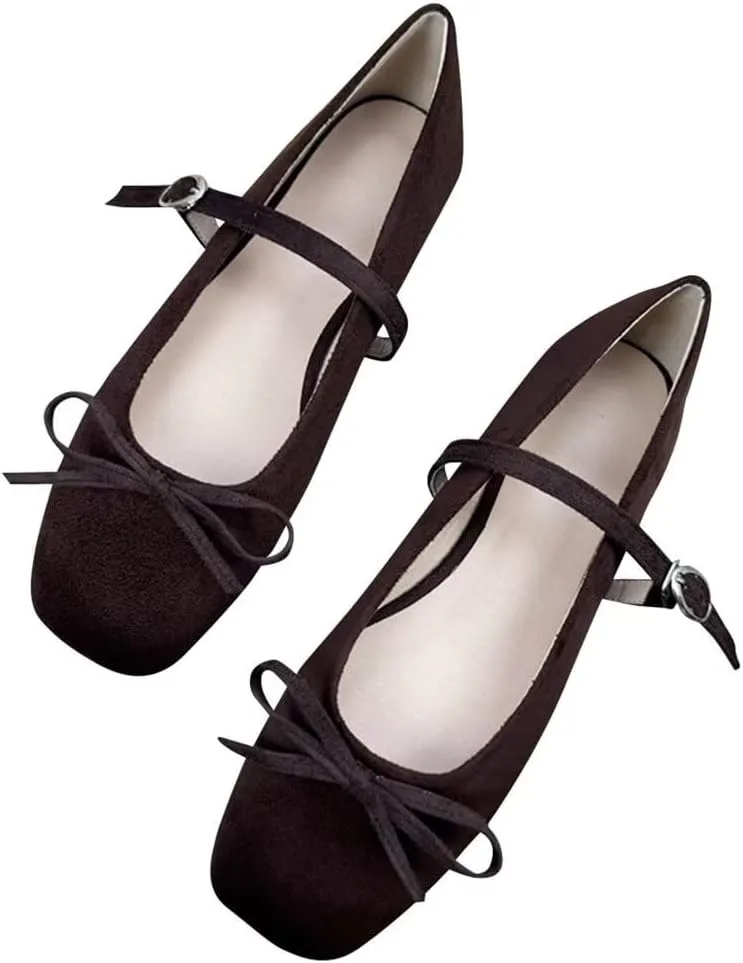 TN TANGNEST Leather Flats for Women Comfortable Square Toe Bowknot Ballet Flats Retro Slip On Mary Jane Flats