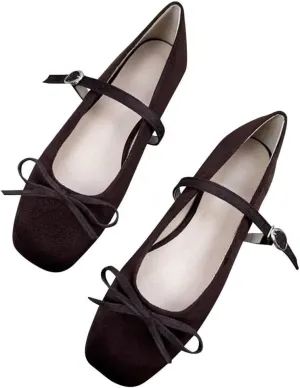 TN TANGNEST Leather Flats for Women Comfortable Square Toe Bowknot Ballet Flats Retro Slip On Mary Jane Flats