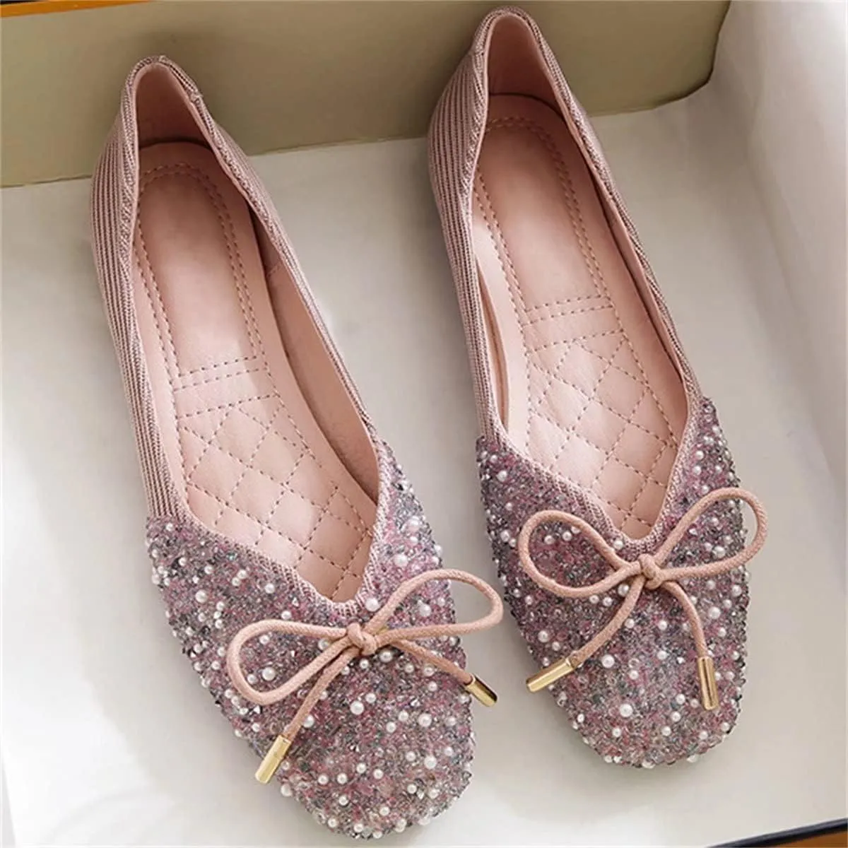 TN TANGNEST Women's Rhinestone Flats Comfortable Square Toe Slip on Flat Shoes