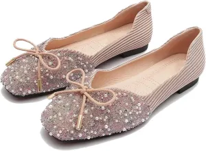 TN TANGNEST Women's Rhinestone Flats Comfortable Square Toe Slip on Flat Shoes