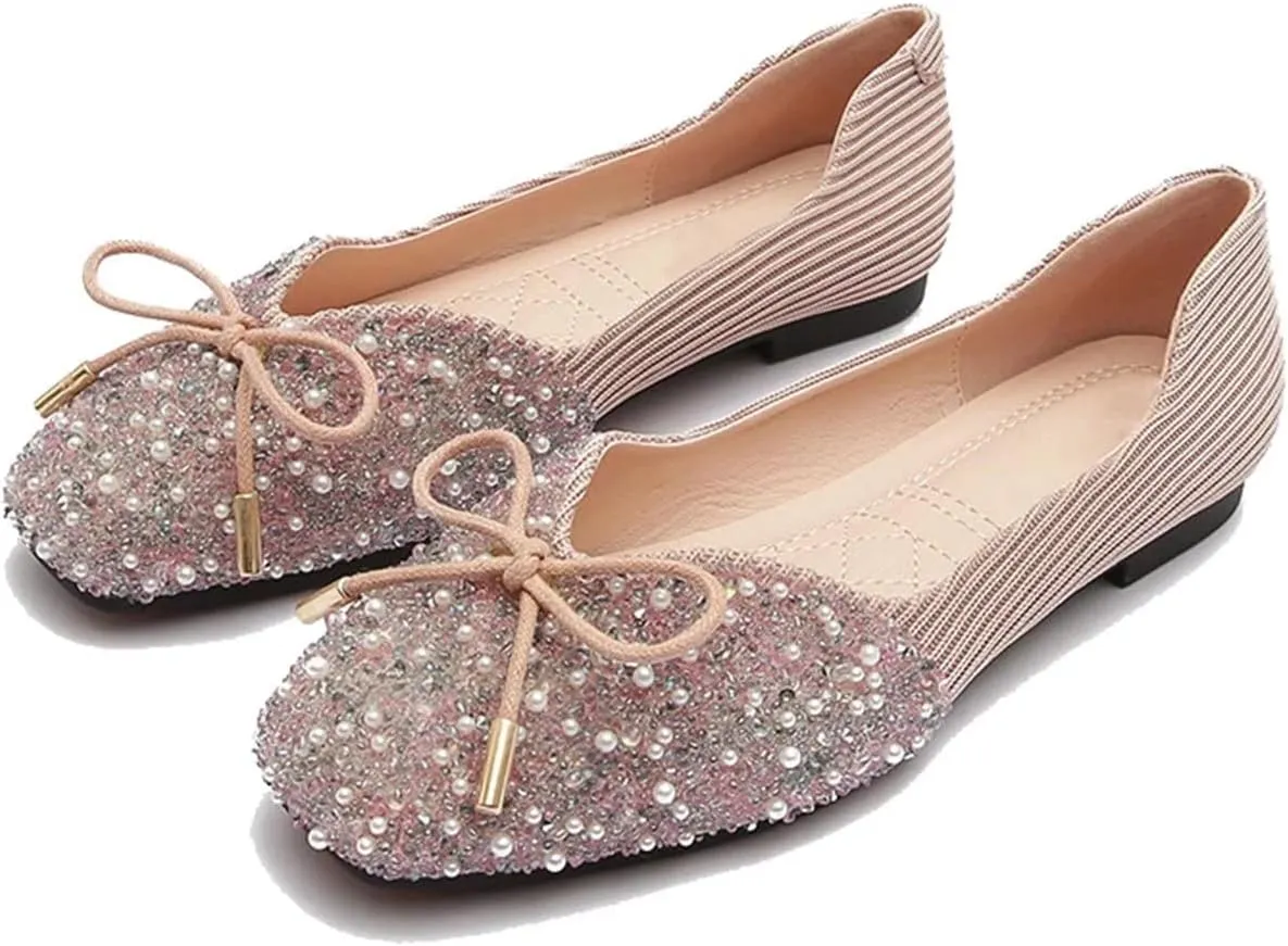 TN TANGNEST Women's Rhinestone Flats Comfortable Square Toe Slip on Flat Shoes