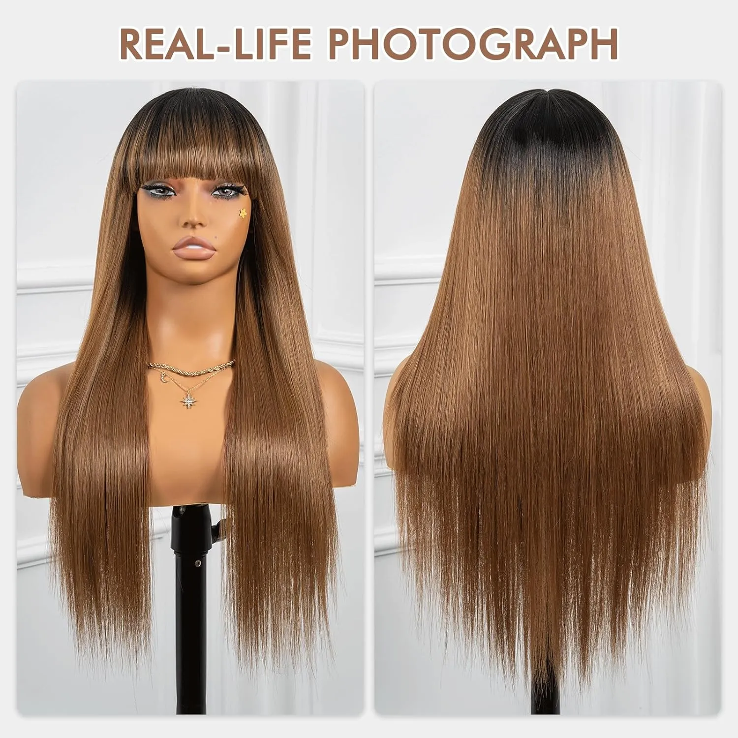 ToyoTress Ombre Blonde Synthetic Lace Front Wig With Bangs - 26 Inch Tangle-free Synthetic Lace Wigs Pre-Plucked Long Straight Glueless HD Lace Wigs For Women (26 Inch, OM27-Bangs)
